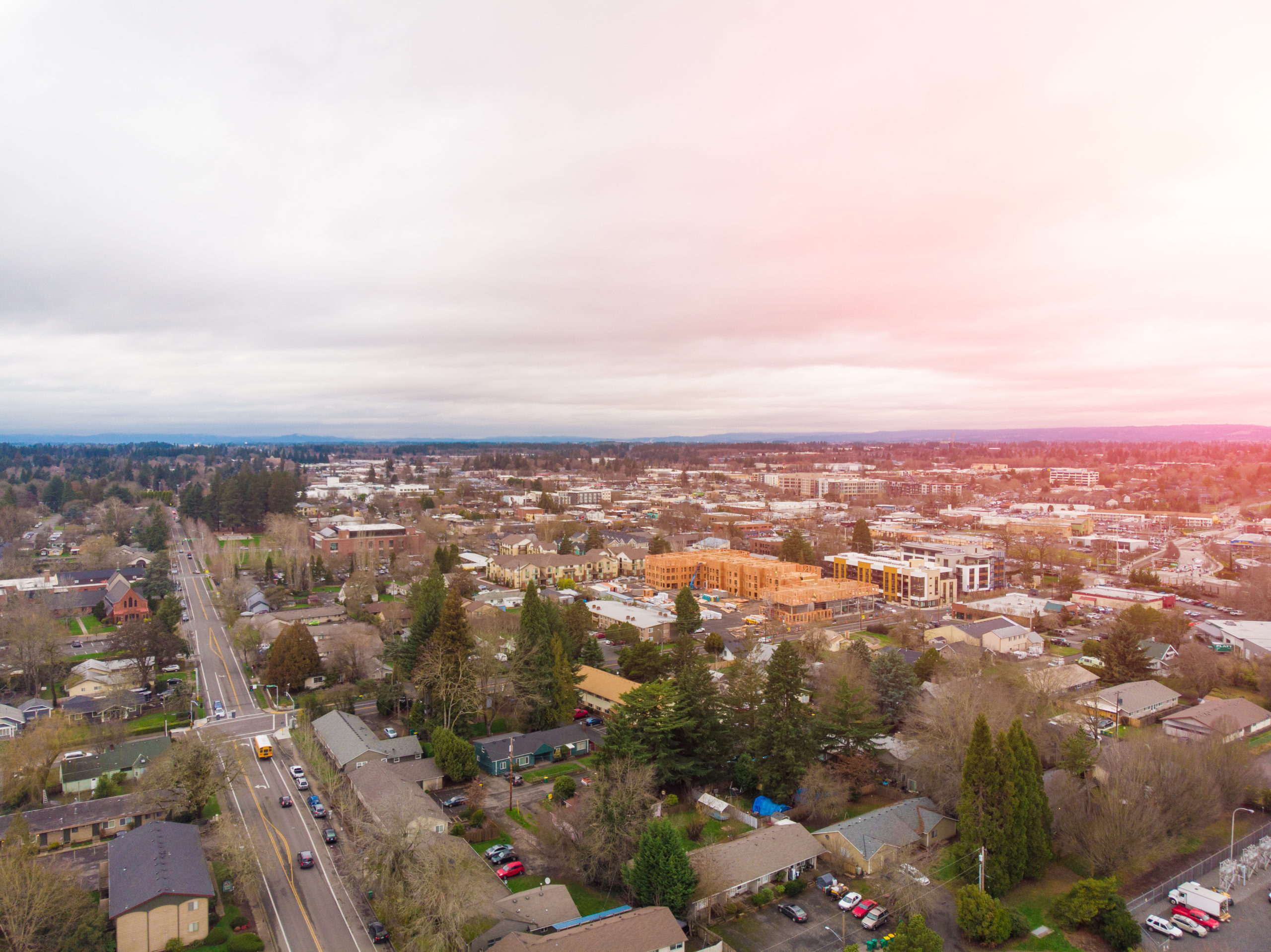 A photo of Beaverton, Oregon, USA, at sunset, a suburb. A photo from a
